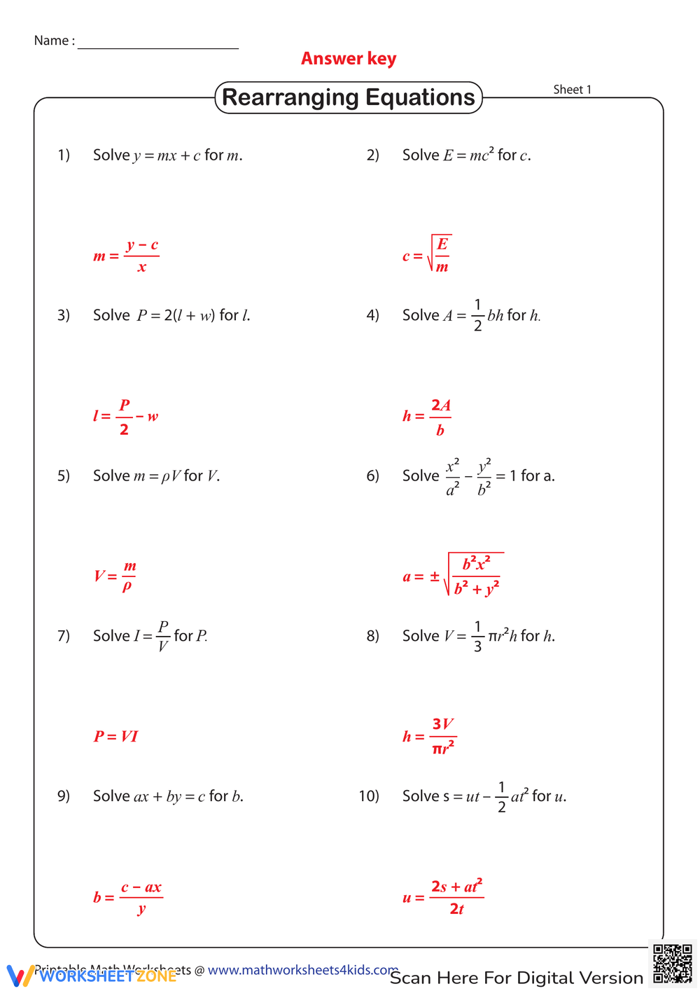 Printable Solving Literal Equations Worksheets Printable Solving Literal Equations Worksheets