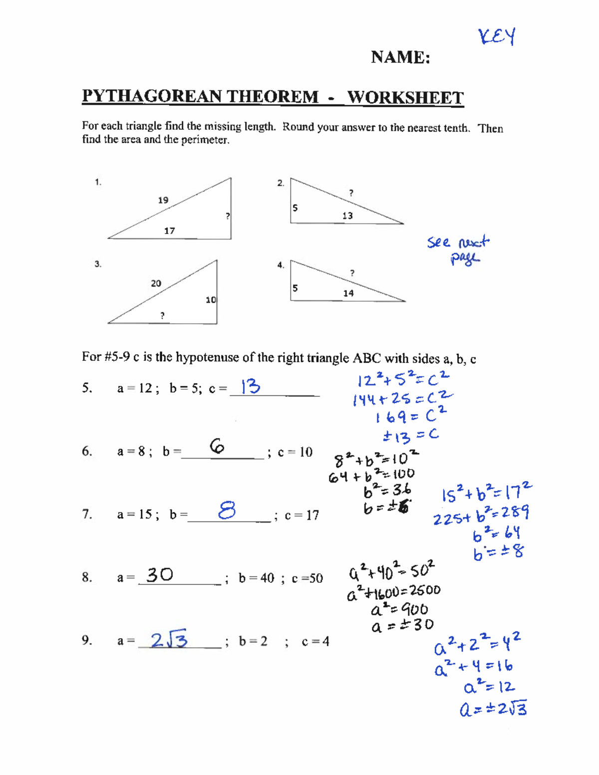 Pythagorean Theorem Worksheet Answer KEY KEY NAME PYTHAGOREAN THEOREM WORKSHEET For Each Triangle Studocu Pythagorean Theorem Worksheet Answer KEY KEY NAME PYTHAGOREAN THEOREM WORKSHEET For Each Triangle Studocu