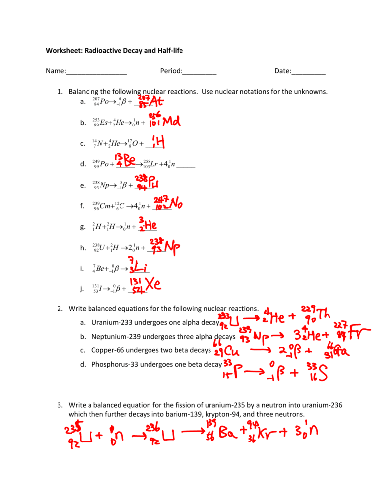 Radioactive Decay Half Life Worksheet Nuclear Chemistry Radioactive Decay Half Life Worksheet Nuclear Chemistry