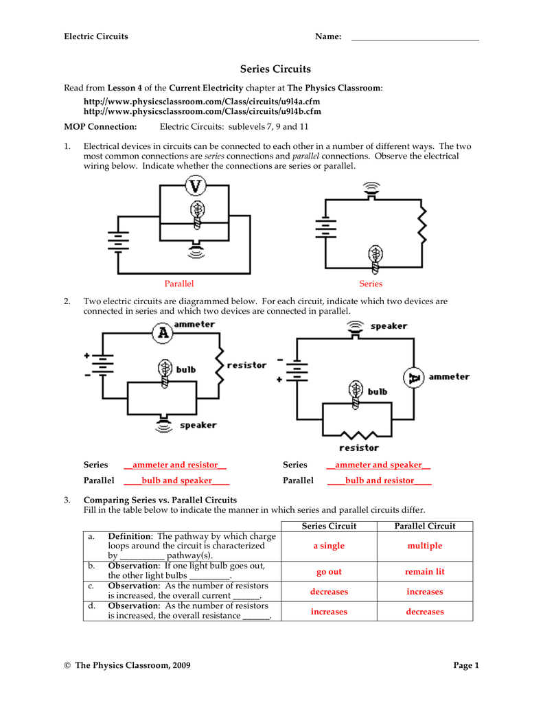 Series Circuits Worksheet Physics Classroom Series Circuits Worksheet Physics Classroom