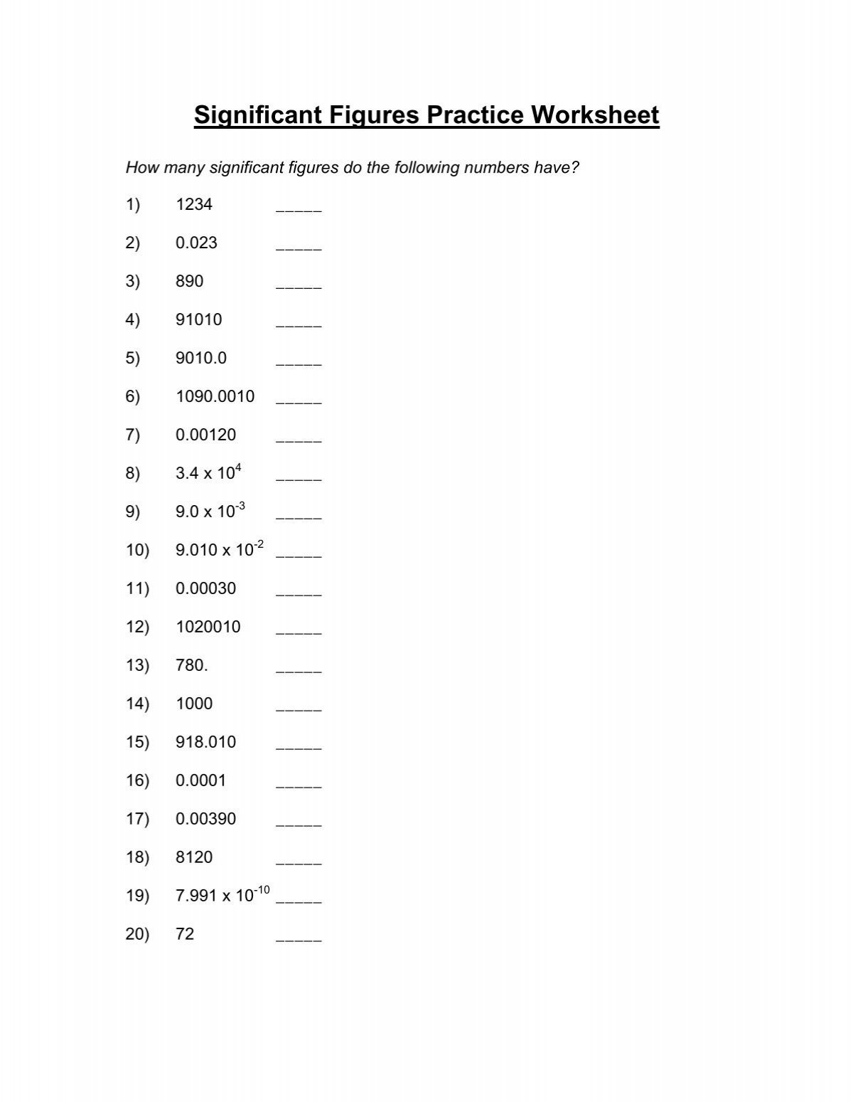 Significant Figures Practice Worksheet Significant Figures Practice Worksheet