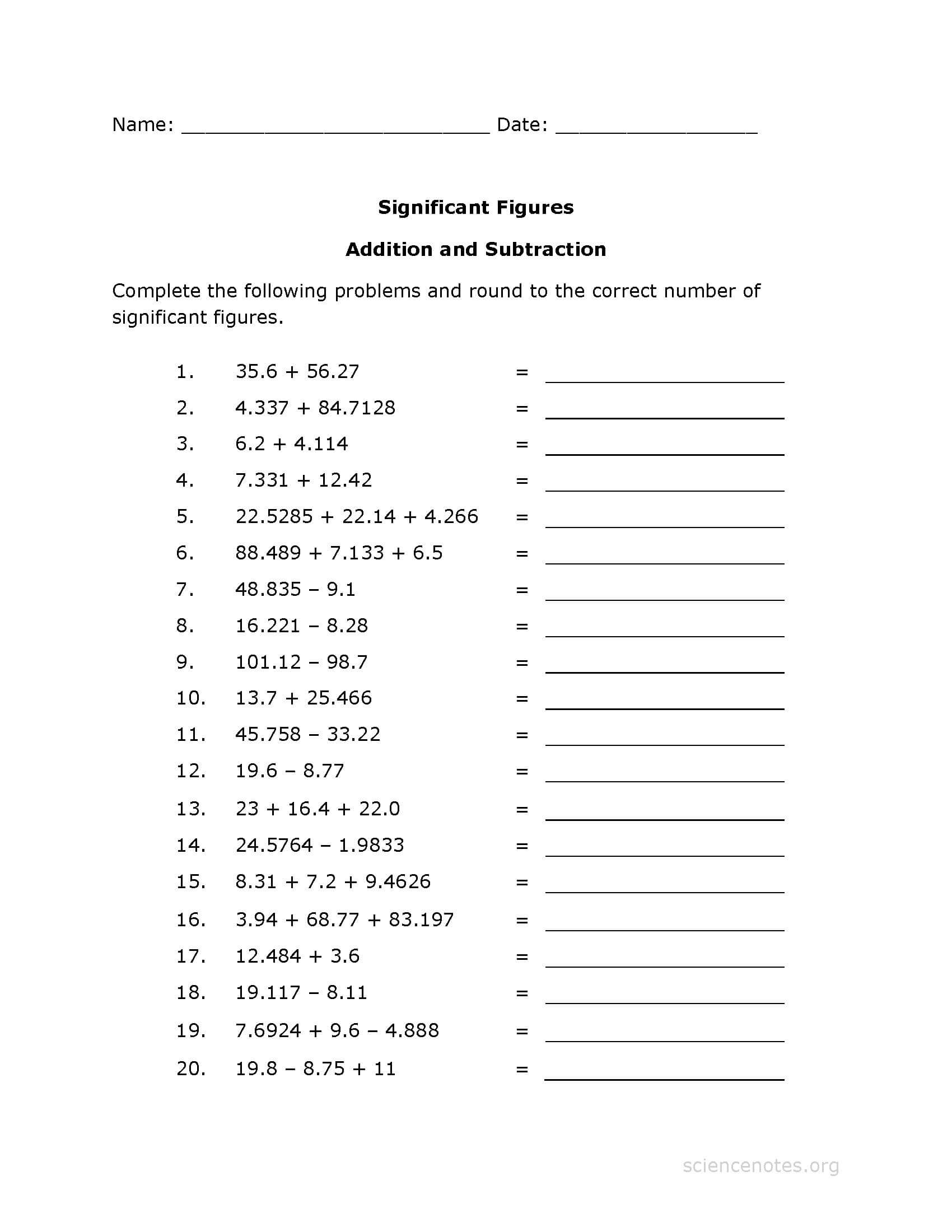 Significant Figures Worksheet PDF Addition Practice Significant Figures Worksheet PDF Addition Practice