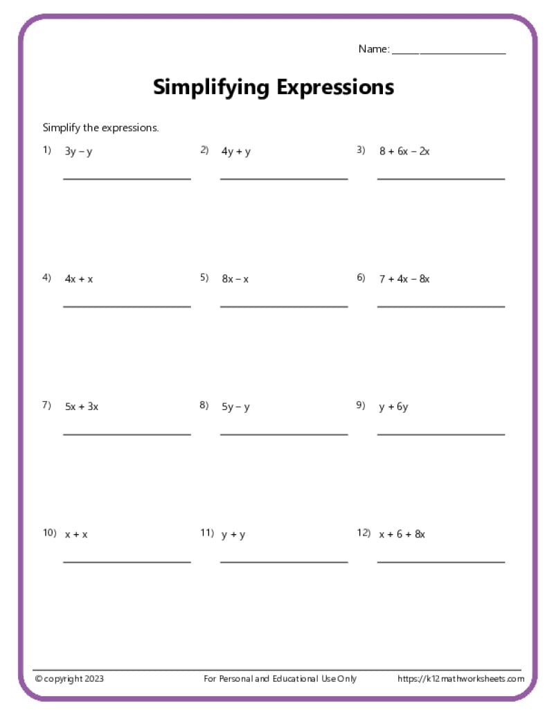 Simplifying Expressions Worksheets K12 Math Worksheets Simplifying Expressions Worksheets K12 Math Worksheets
