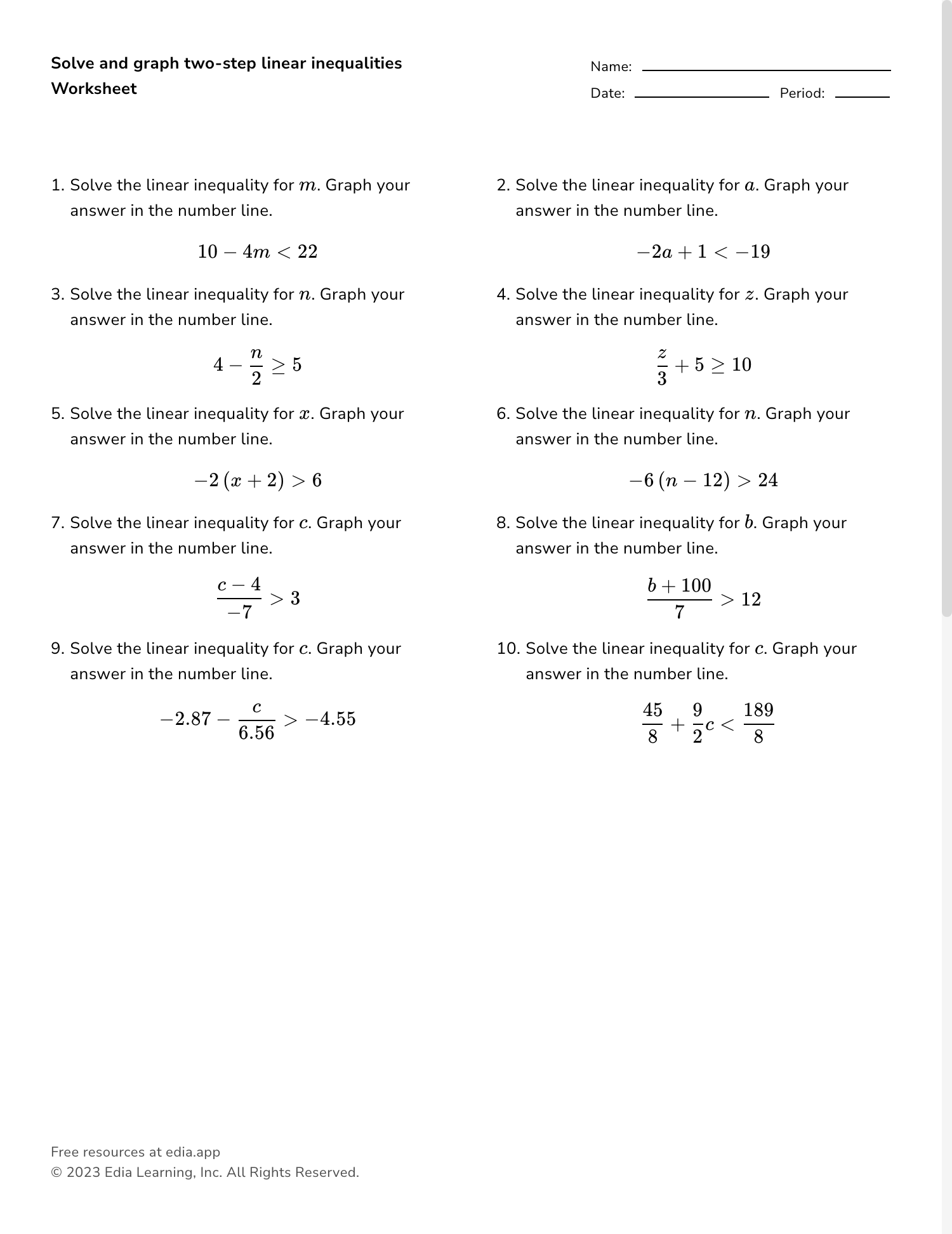 Solve And Graph Two step Linear Inequalities Worksheet Solve And Graph Two step Linear Inequalities Worksheet