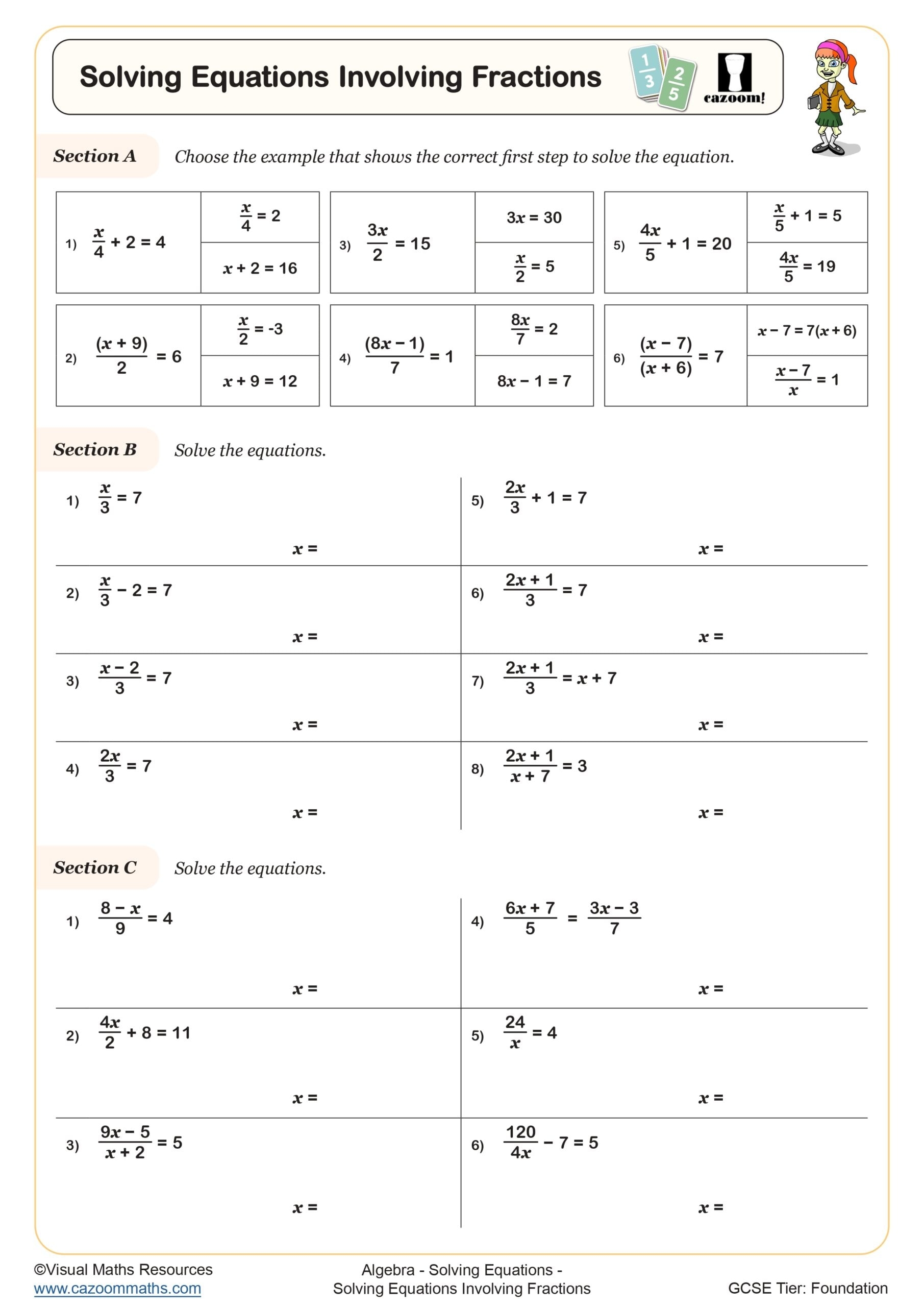 Solving Equations Involving Fractions Worksheet Fun And Engaging Year 8 And Year 9 Algebra Worksheet Solving Equations Involving Fractions Worksheet Fun And Engaging Year 8 And Year 9 Algebra Worksheet