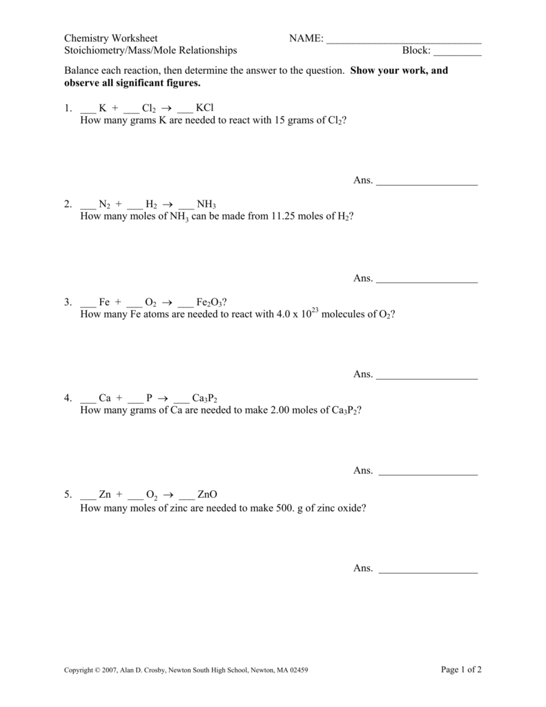 Stoichiometry Worksheet Mass Mole Relationships