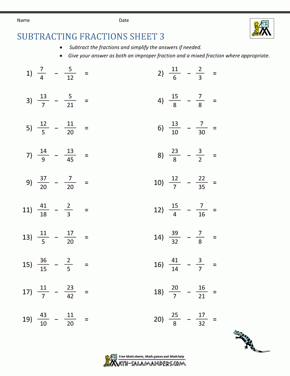 Subtracting Fractions Worksheets Subtracting Fractions Worksheets