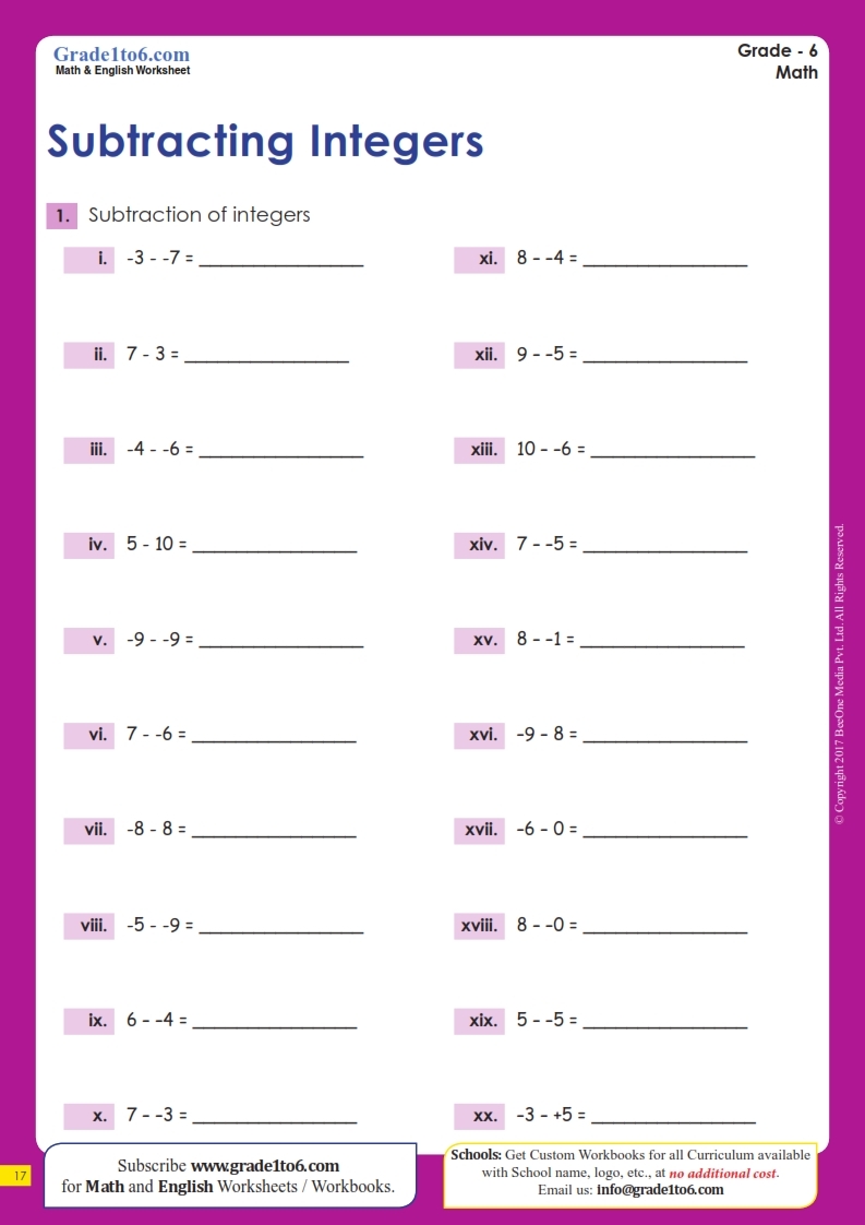 Subtracting Integers 10 To 10 Worksheets Grade 6 Subtracting Integers 10 To 10 Worksheets Grade 6