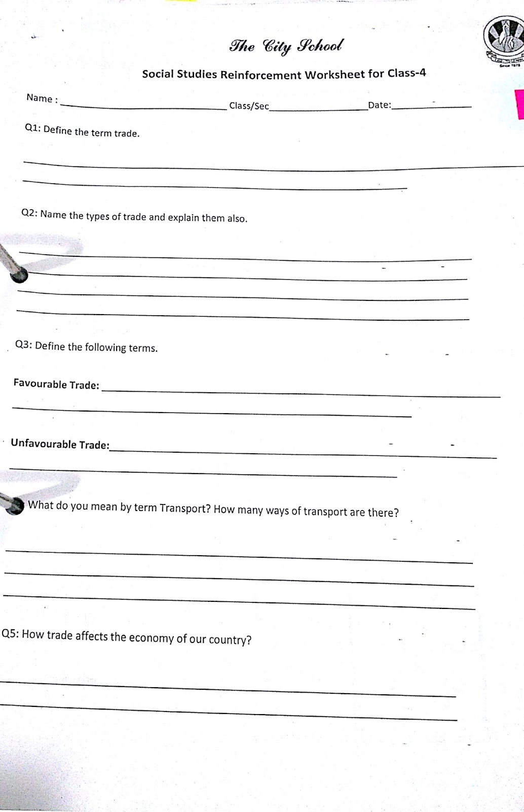 The City School Grade 4 Social Studies Revision Worksheet The City School Grade 4 Social Studies Revision Worksheet