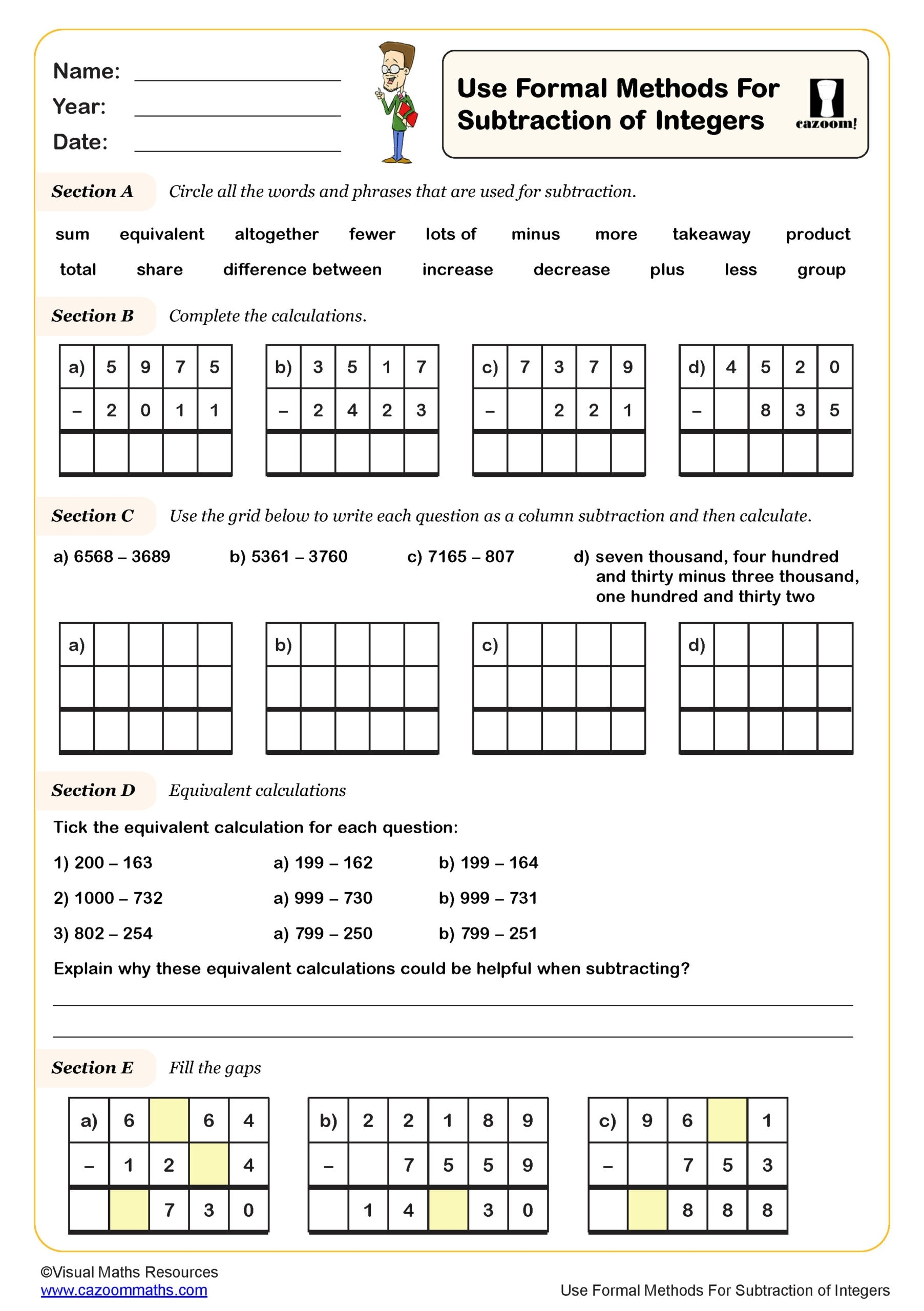 Use Formal Methods For Subtraction Of Integers Worksheet PDF Printable Subtraction Worksheets Use Formal Methods For Subtraction Of Integers Worksheet PDF Printable Subtraction Worksheets