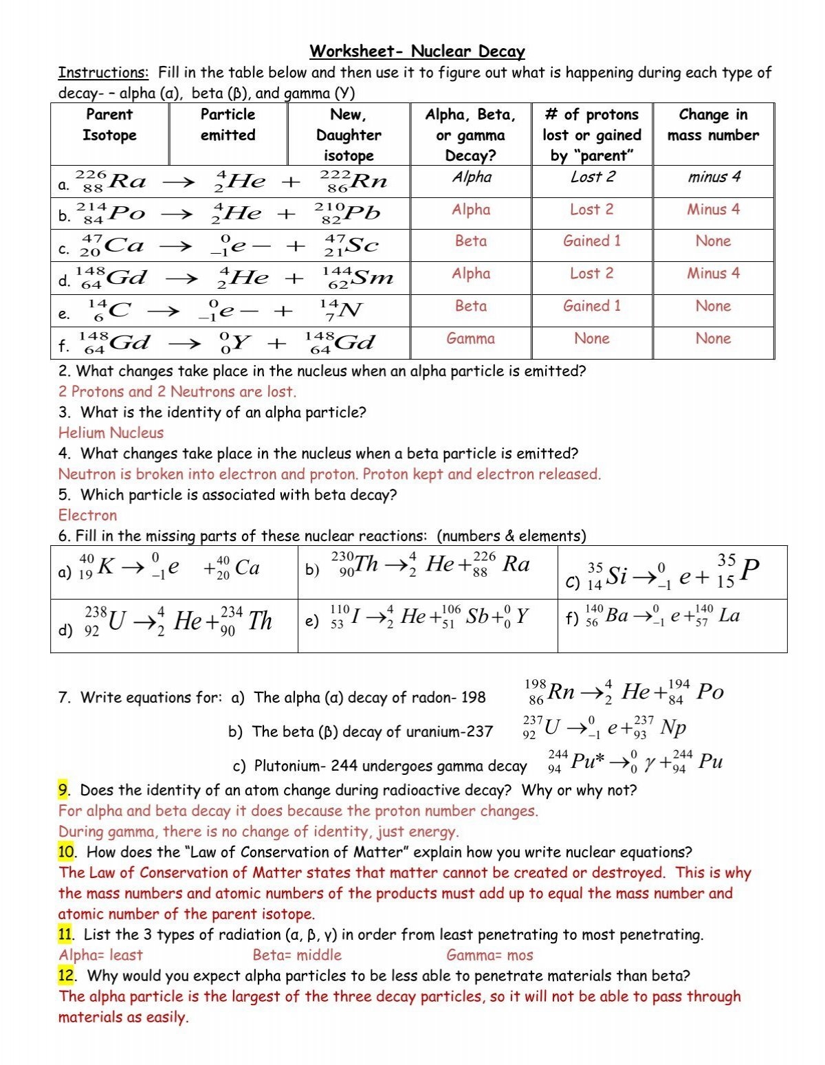 Worksheet Nuclear Decay Worksheet Nuclear Decay