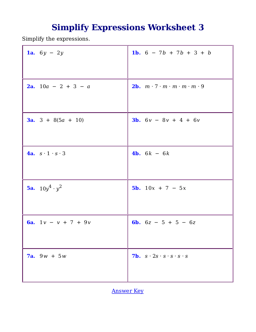 simplifying algebraic expressions worksheets simplifying algebraic expressions worksheets